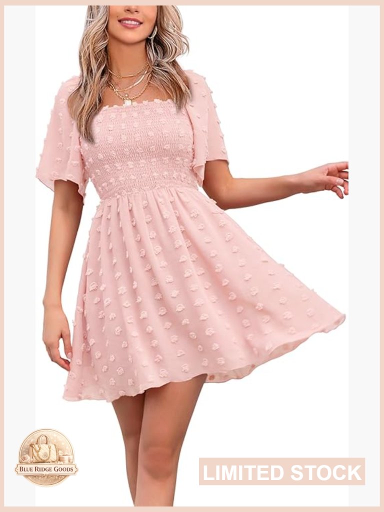 Swiss Dot Square Neck Mini Dress Ruffle Sleeves Smocked Casual Chic Summer